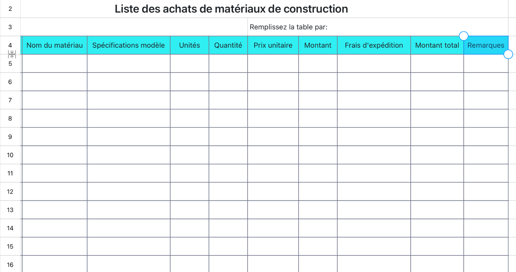 Liste des achats de matériaux de construction